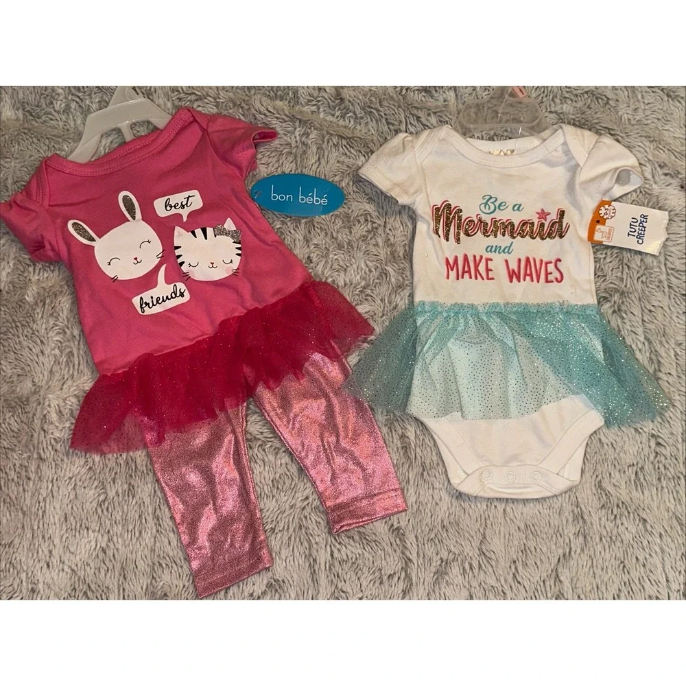 Bon BeBe Size 0-3 Months Girls 3pc Pants Top Bib kitty Set Mermaid Tutu NWT